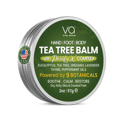 Tea tree balm container with green label on a white background