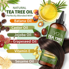 Tea tree oil hair oil blend with ingredients and benefits on a white background