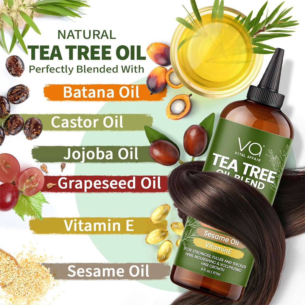 Tea tree oil hair oil blend with ingredients and benefits on a white background