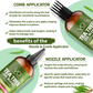 Tea tree oil hair oil blend with comb and nozzle applicators on a green background