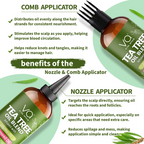 Tea tree oil hair oil blend with comb and nozzle applicators on a green background