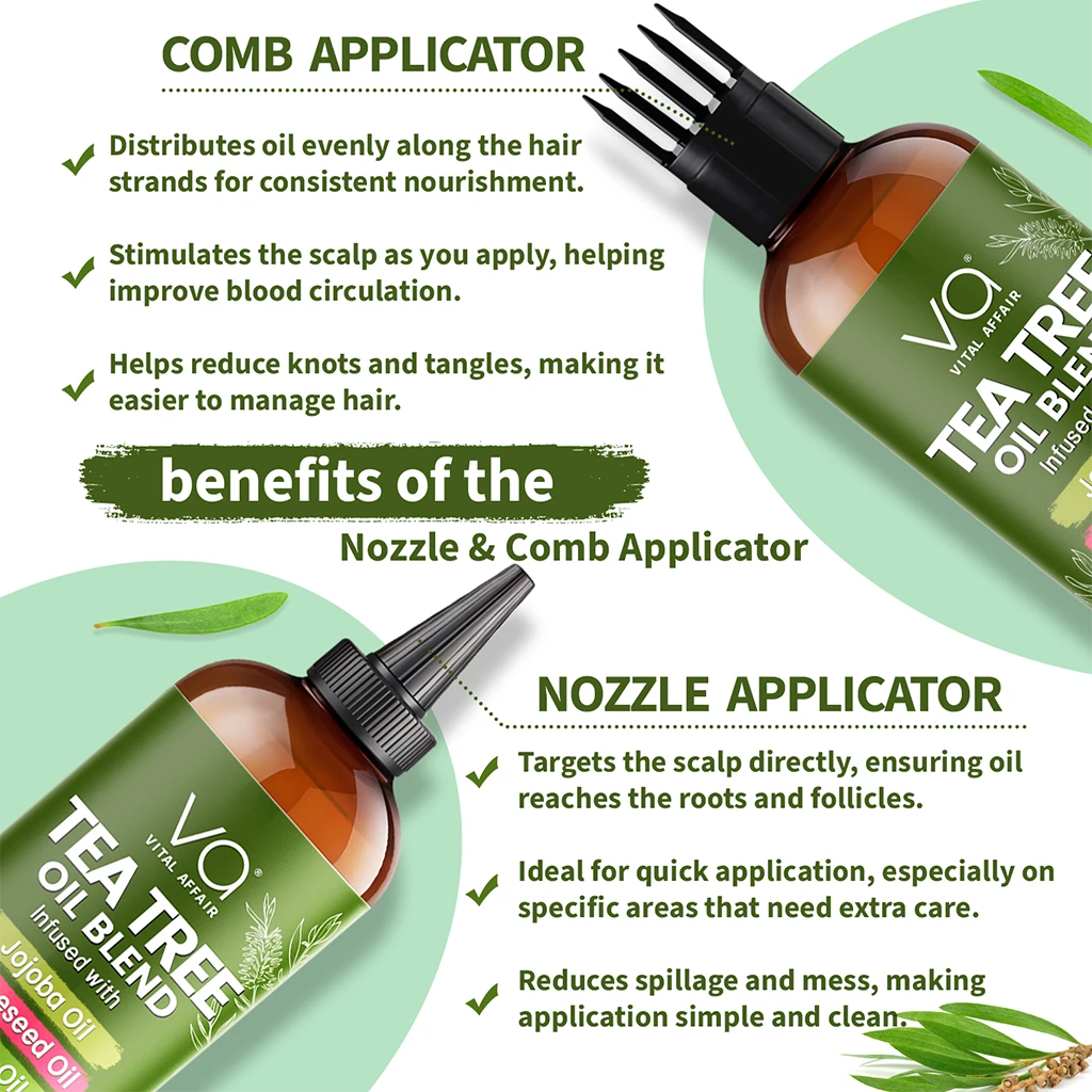 Tea tree oil hair oil blend with comb and nozzle applicators on a green background