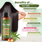 Tea tree oil hair oil bottle with benefits listed on a white background