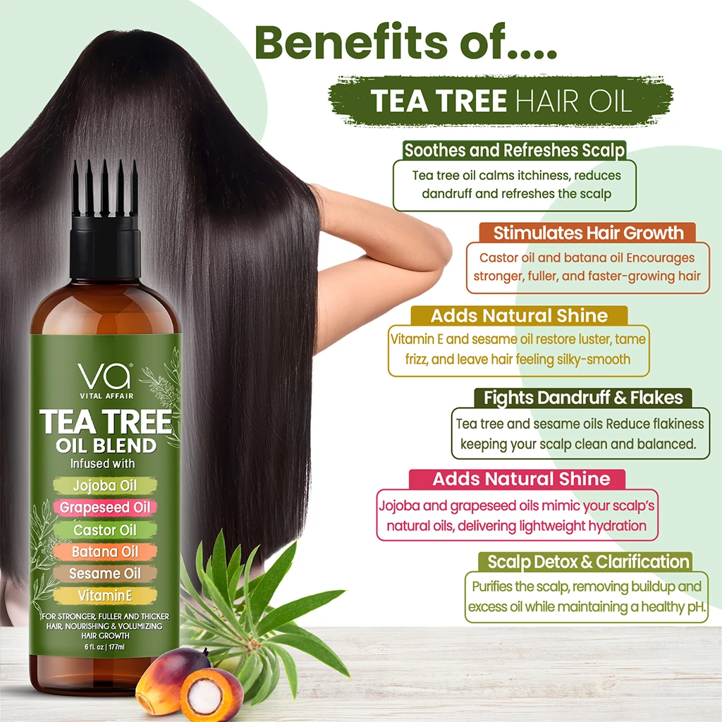 Tea tree oil hair oil bottle with benefits listed on a white background
