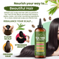 Tea tree oil hair oil blend bottle with promotional text and images of a woman with long hair.