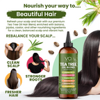 Tea tree oil hair oil blend bottle with promotional text and images of a woman with long hair.
