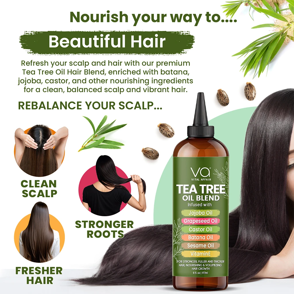 Tea tree oil hair oil blend bottle with promotional text and images of a woman with long hair.
