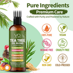 Tea tree oil hair oil blend bottle with health benefits and ingredients on a green background