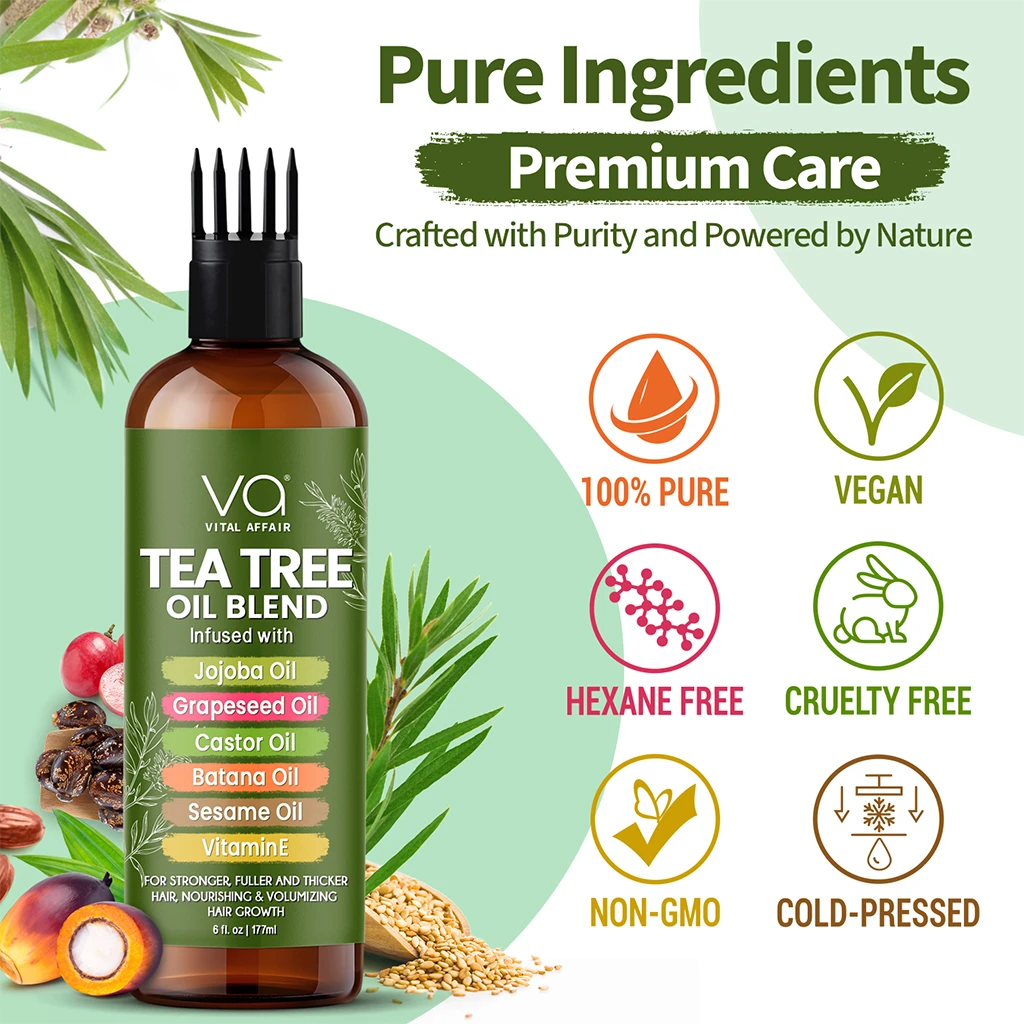 Tea tree oil hair oil blend bottle with health benefits and ingredients on a green background