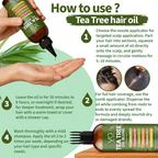 Tea Tree hair oil bottle with usage instructions on a green background
