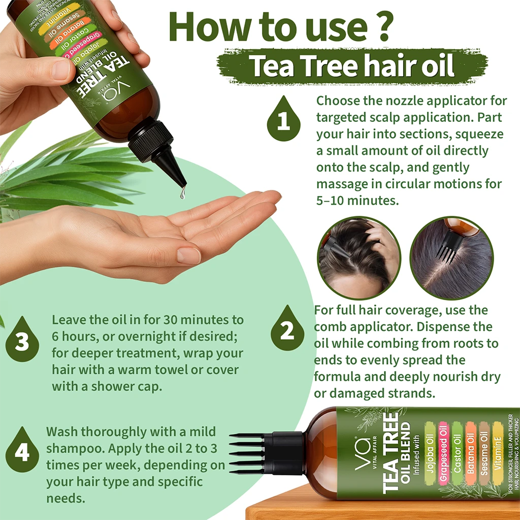 Tea Tree hair oil bottle with usage instructions on a green background