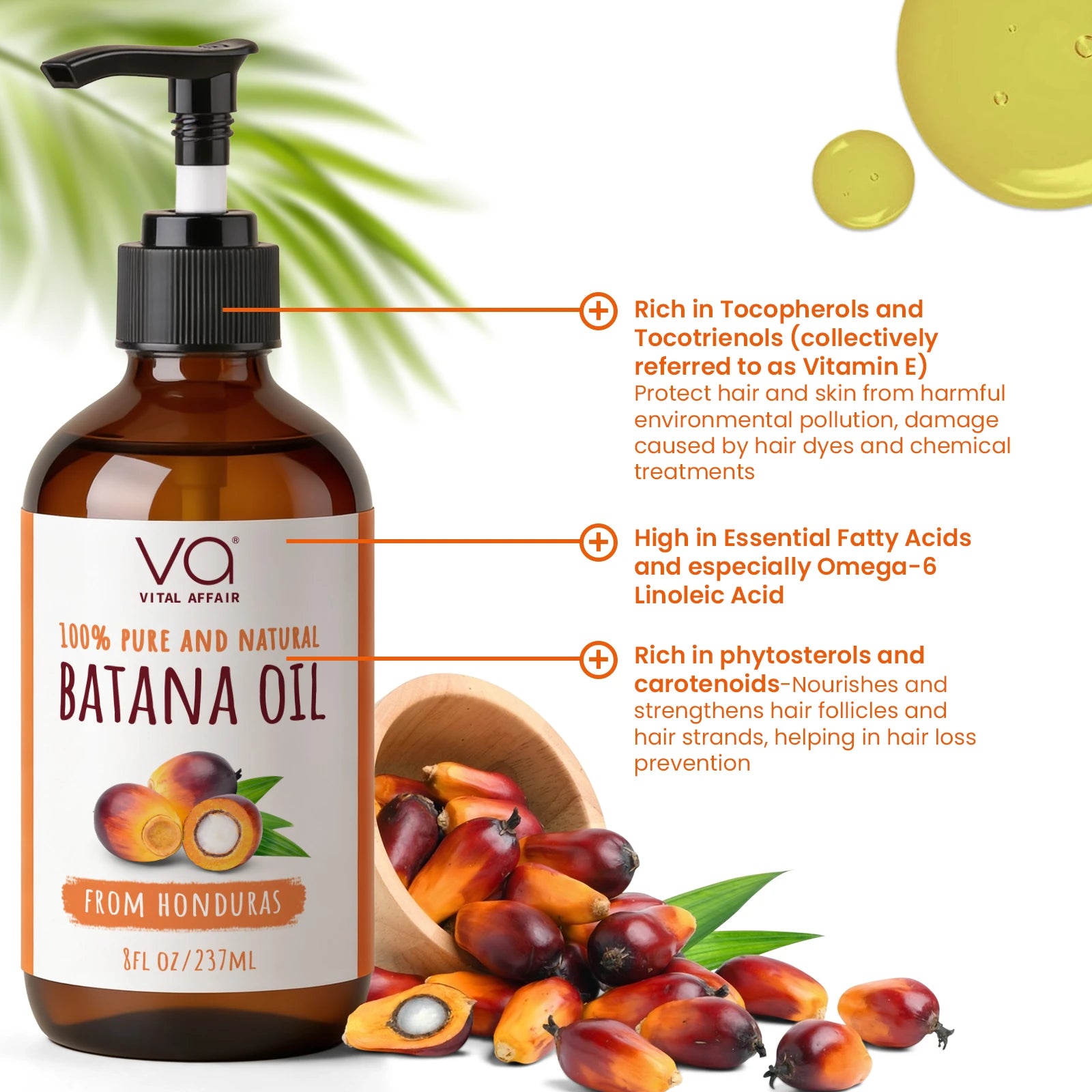 Bottle of Vital Affair banana oil with text highlighting its benefits and ingredients.