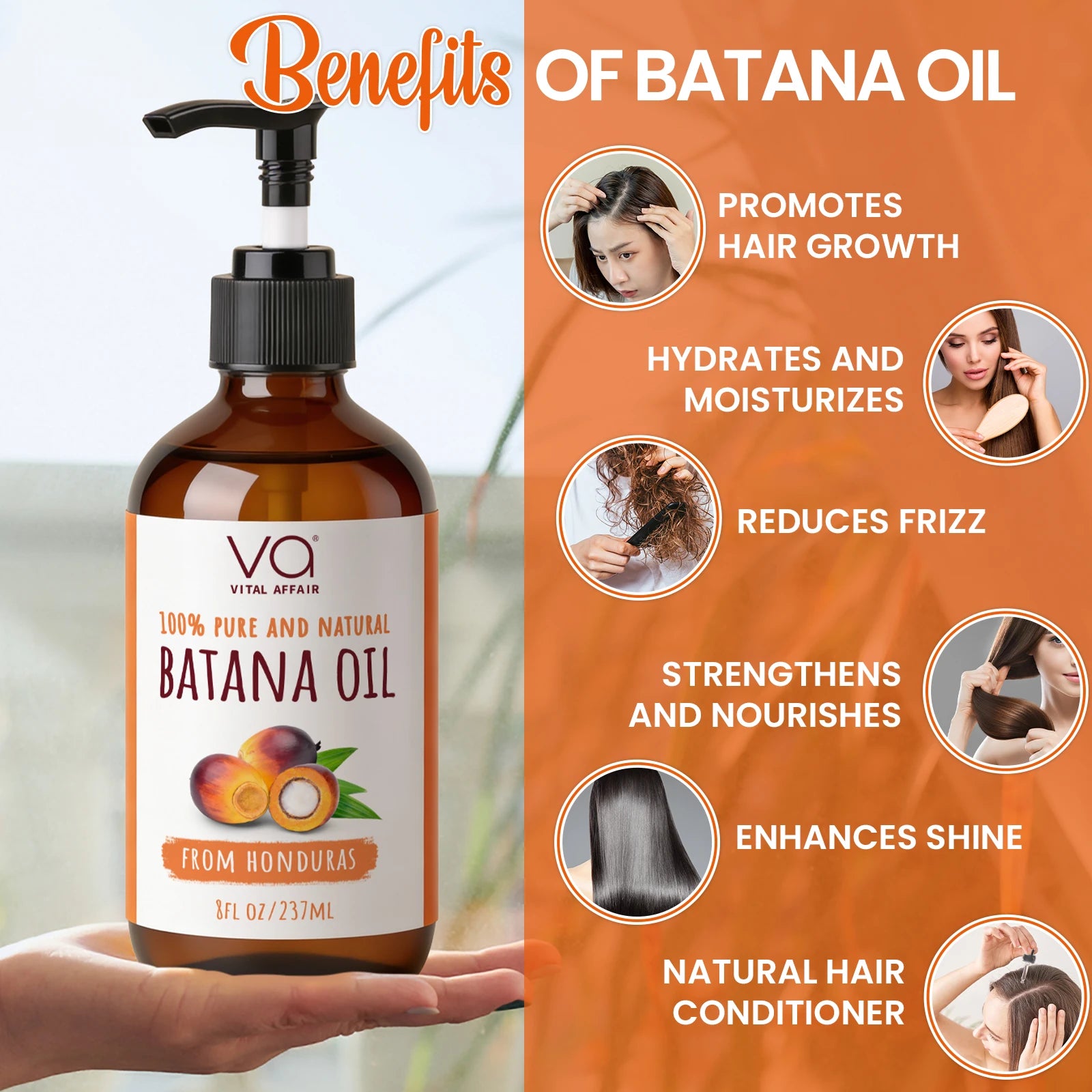 Brown bottle of VA Vital Affair Batana Oil with benefits listed on an orange background