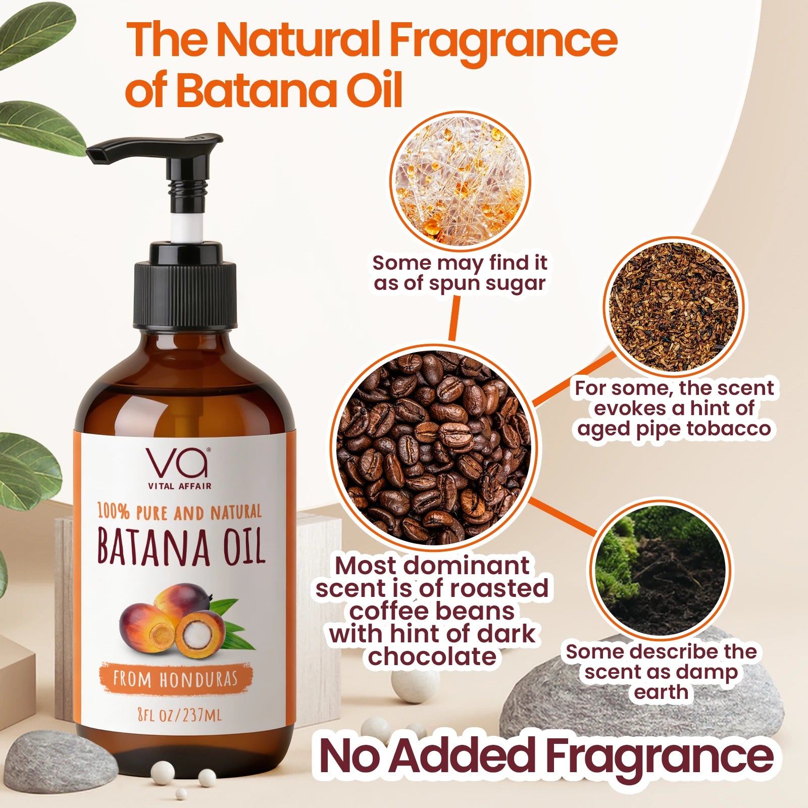 Bottle of Batana Oil with descriptive text and images on a neutral background