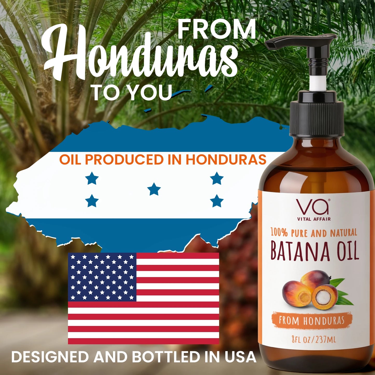 Bottle of Batana oil with a label indicating it's produced in Honduras and designed in the USA, set against a background with a map of Honduras and an American flag.