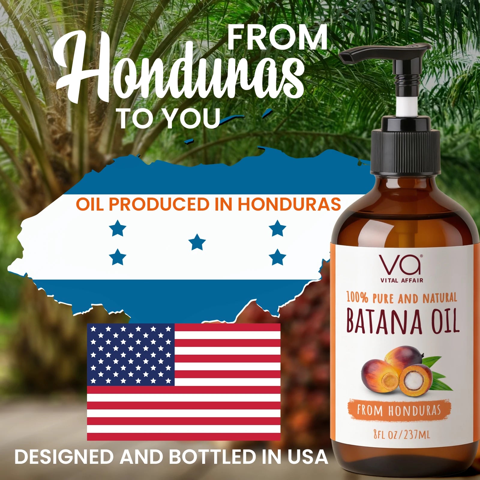 Bottle of Batana oil with a label indicating it's produced in Honduras and designed in the USA, set against a background with a map of Honduras and an American flag.