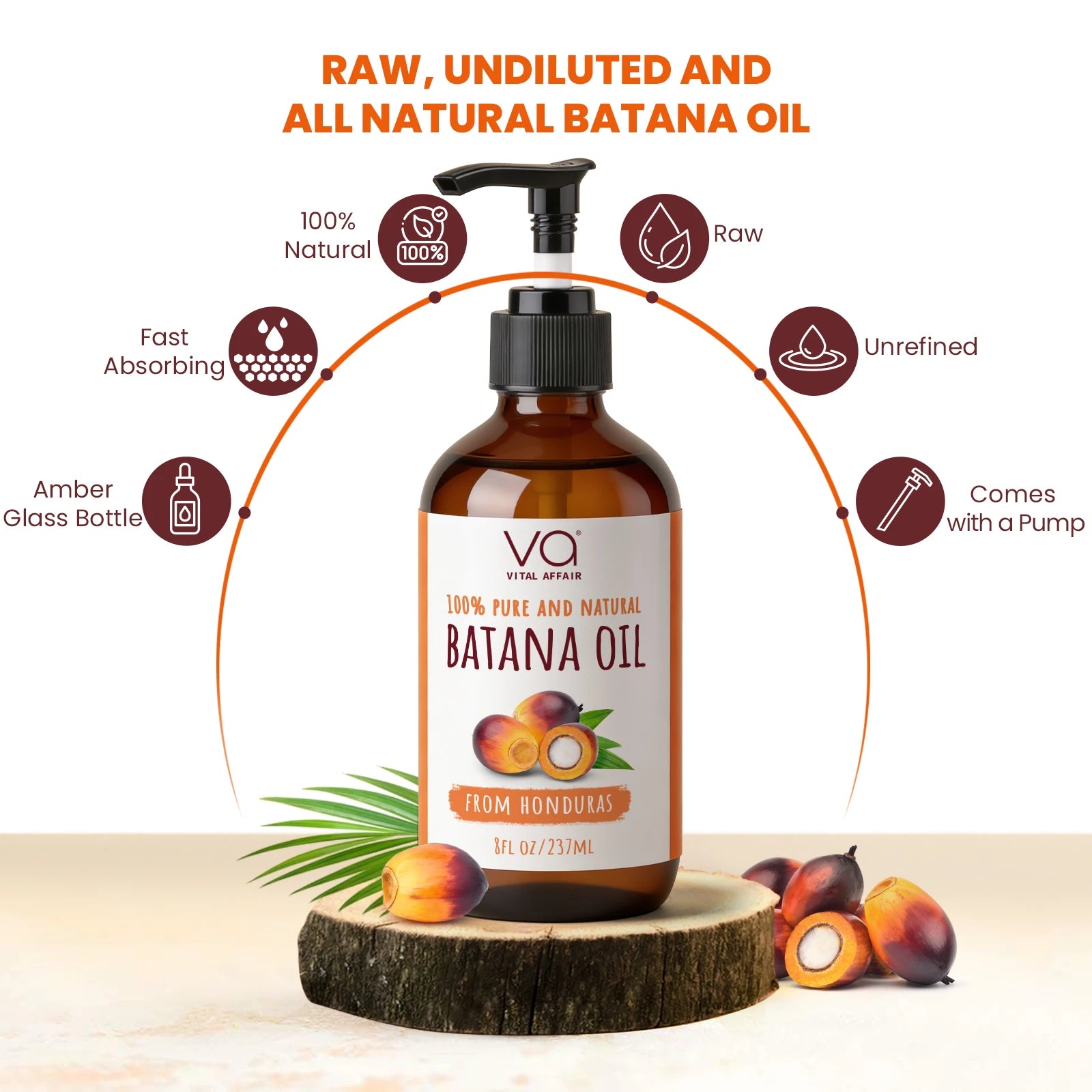 Bottle of raw, undiluted, and all natural batana oil with features listed on a white background.