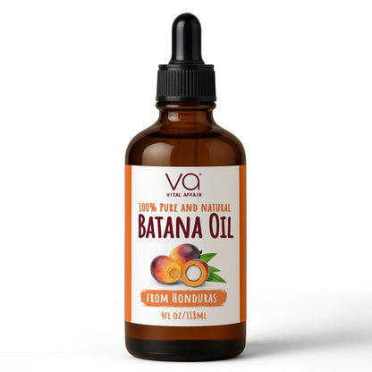 A bottle of Vital Affair 100% pure and natural Batana oil with a dropper, labeled 'BAHIA OIL from Honduras'.