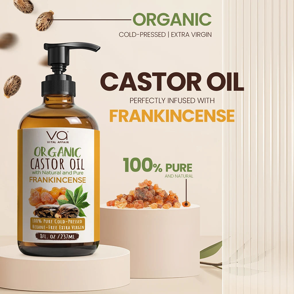 Organic castor oil with frankincense on a beige background