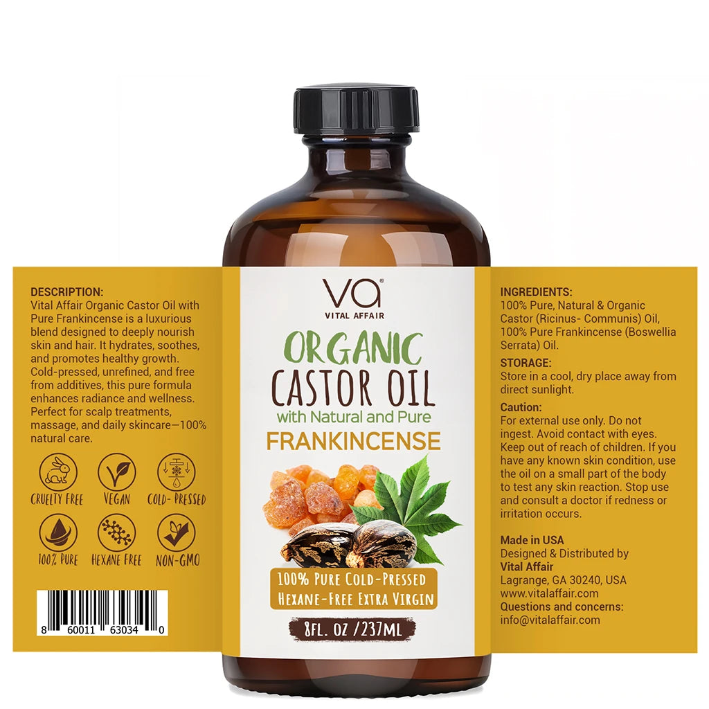 Vital Affair Organic Castor Oil with Frankincense bottle and label on a white background