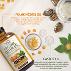 Organic castor oil with frankincense oil packaging on a light background with frankincense resin and leaves.