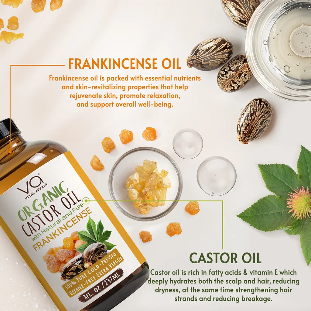 Organic castor oil with frankincense oil packaging on a light background with frankincense resin and leaves.