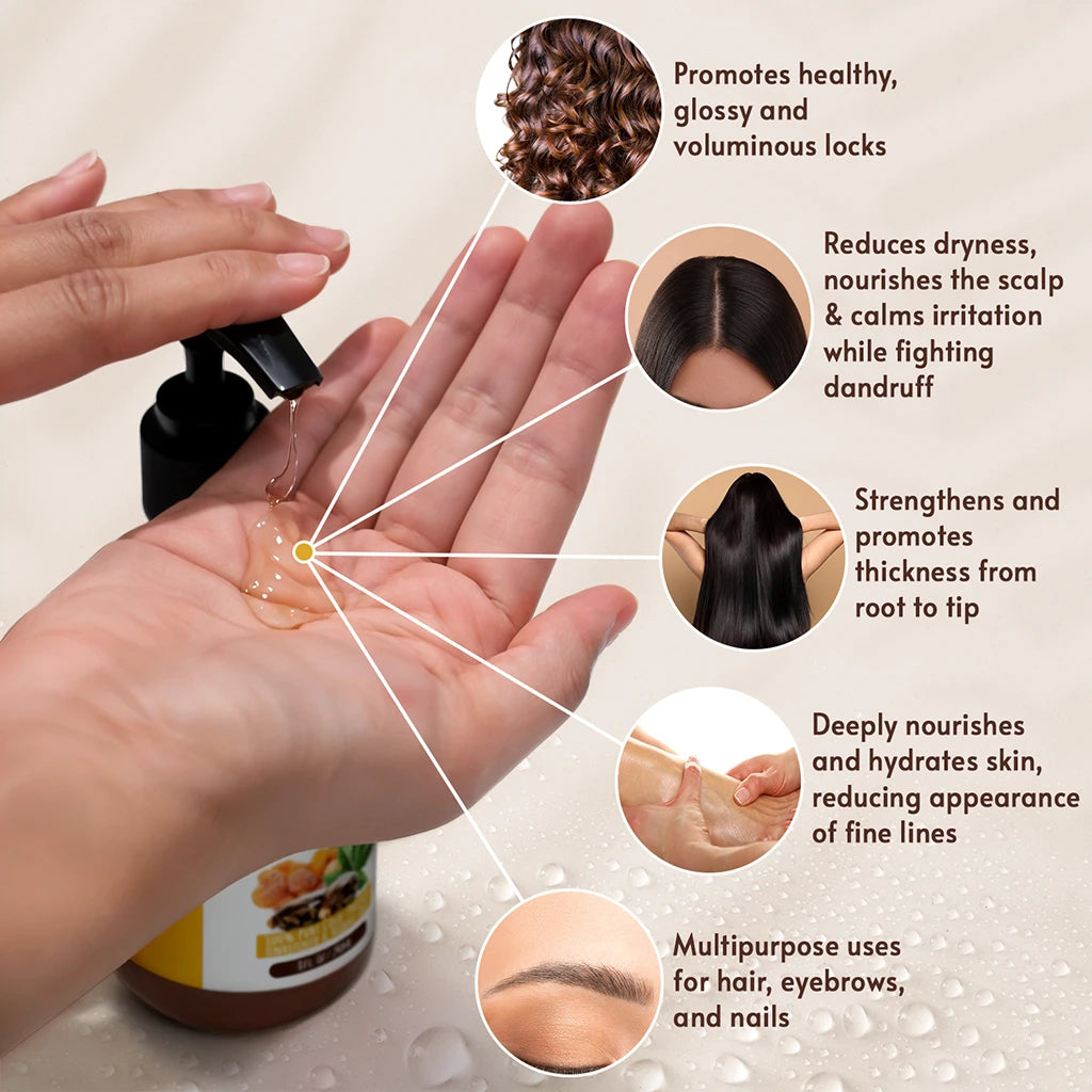 Hand applying Organic castor oil with frankincense oil  with text highlighting its benefits for hair, scalp, skin, and nails.