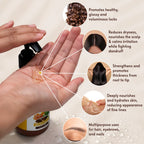 Hand applying Organic castor oil with frankincense oil  with text highlighting its benefits for hair, scalp, skin, and nails.