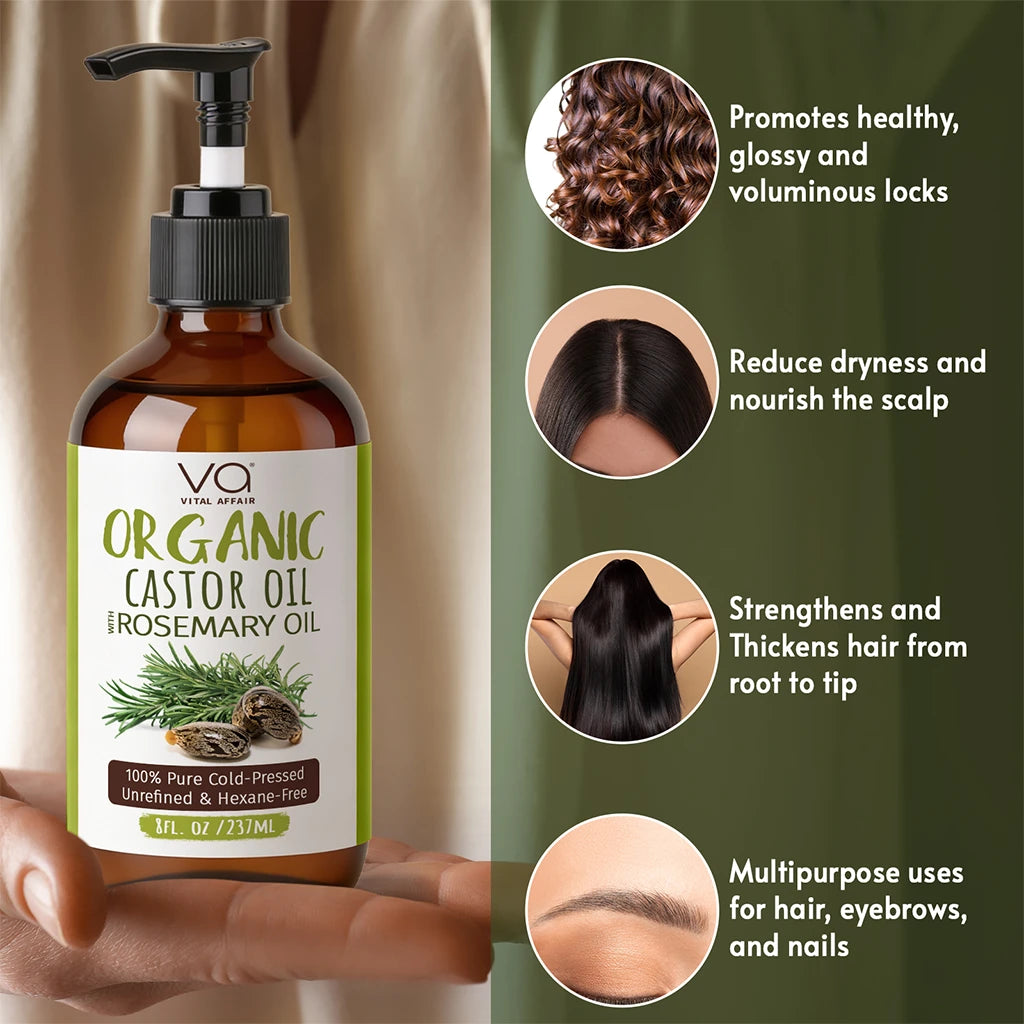 Organic castor oil bottle withRosemary Oil on a beige background