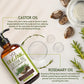 Organic castor oil bottle with rosemary oil text on a light background