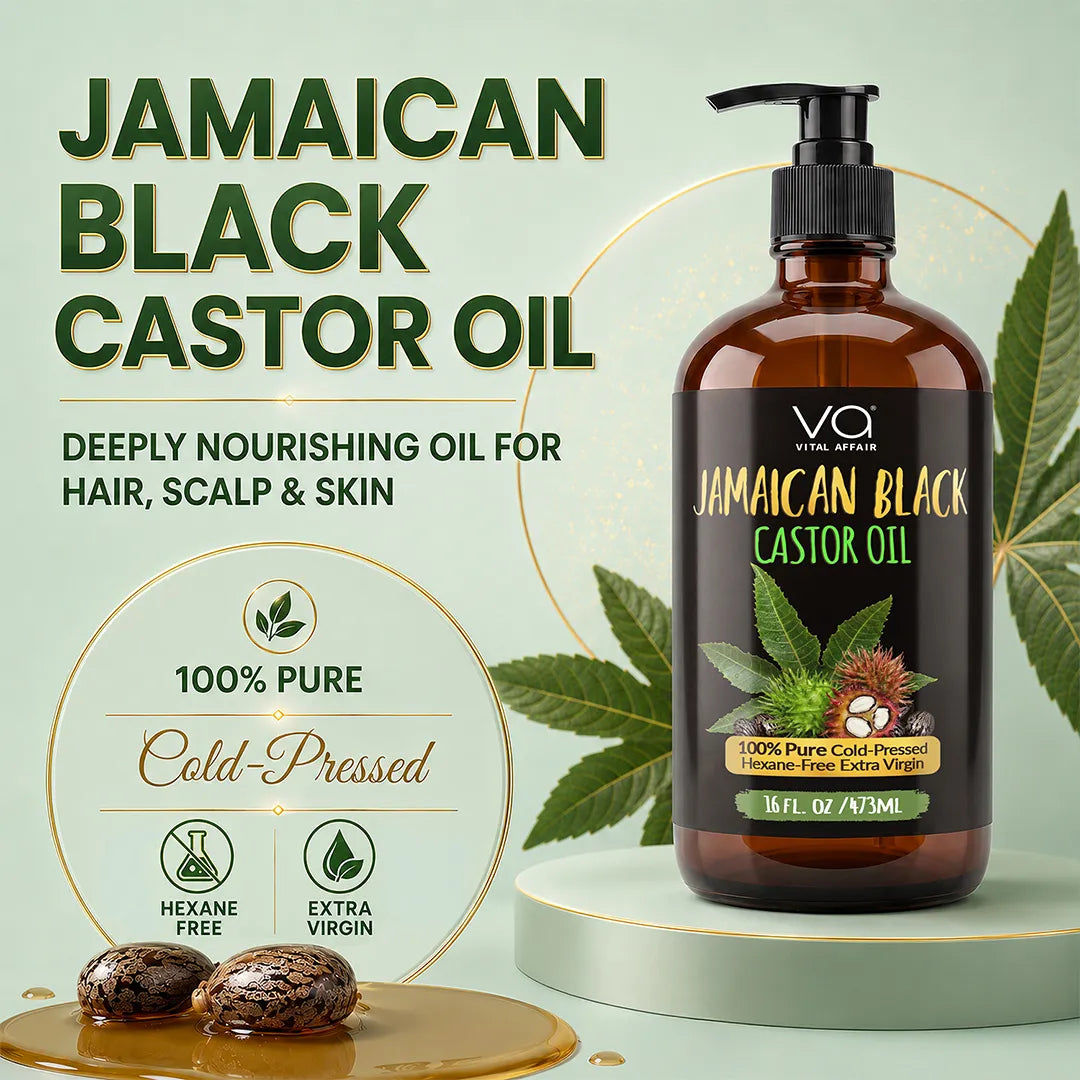 A bottle of VO Vital Organics Jamaican Black Castor Oil on a light green background with decorative leaves and text highlighting its benefits for hair, scalp, and skin.
