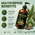 Jamaican Black Castor Oil in an amber glass pump bottle with a black label, displayed on a light mint-green background with promotional text, icons, and botanical props including a cannabis leaf, sturgeon, and castor seeds.