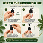 Instruction graphic showing how to release the pump before use, with four numbered panels demonstrating the steps on a light green background with decorative leaves.
