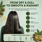 Promotional graphic for Jamaican Black Castor Oil showing a woman from behind with long, dark, shiny hair on a light green background. Text highlights benefits like deep moisturization, natural shine, thicker-looking hair, nourishment for dry hair, and reduced breakage.