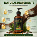 A bottle of Vital Affair Natural Hair Jamaican Black Castor Oil centered on a pale green background with decorative hair strands, leaves, and callout bubbles explaining key ingredients like oleic acid, phytosterols, vitamin E, ricinoleic acid, and linoleic acid.