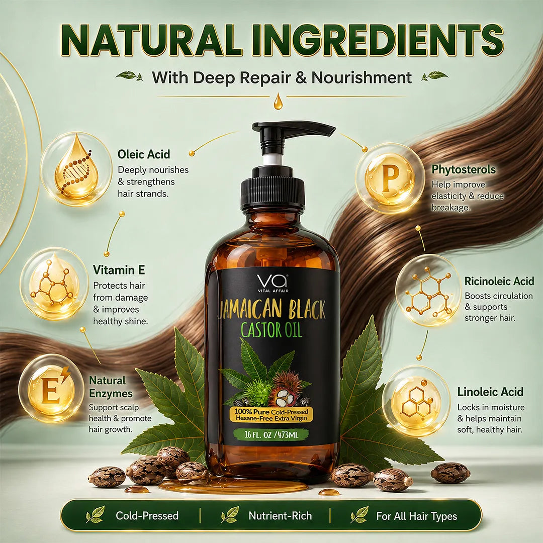 A bottle of Vital Affair Natural Hair Jamaican Black Castor Oil centered on a pale green background with decorative hair strands, leaves, and callout bubbles explaining key ingredients like oleic acid, phytosterols, vitamin E, ricinoleic acid, and linoleic acid.