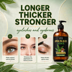A bottle of Vital Affair Jamaican Black Castor Oil for eyelashes and eyebrows shown on a styled light green background with decorative leaves and text overlays explaining benefits. The bottle is amber glass with a black pump and black label featuring green and gold text and imagery.