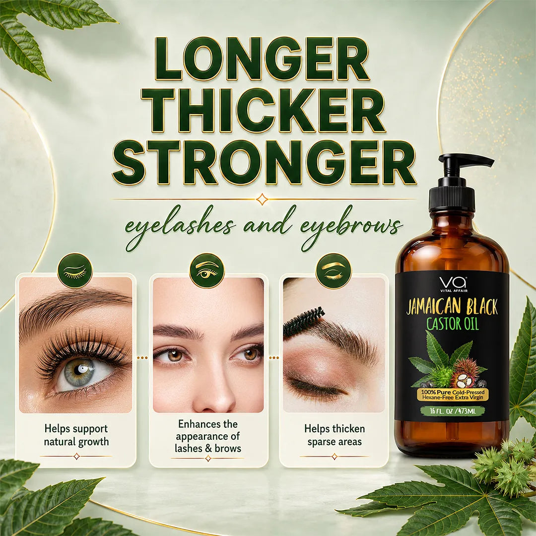 A bottle of Vital Affair Jamaican Black Castor Oil for eyelashes and eyebrows shown on a styled light green background with decorative leaves and text overlays explaining benefits. The bottle is amber glass with a black pump and black label featuring green and gold text and imagery.