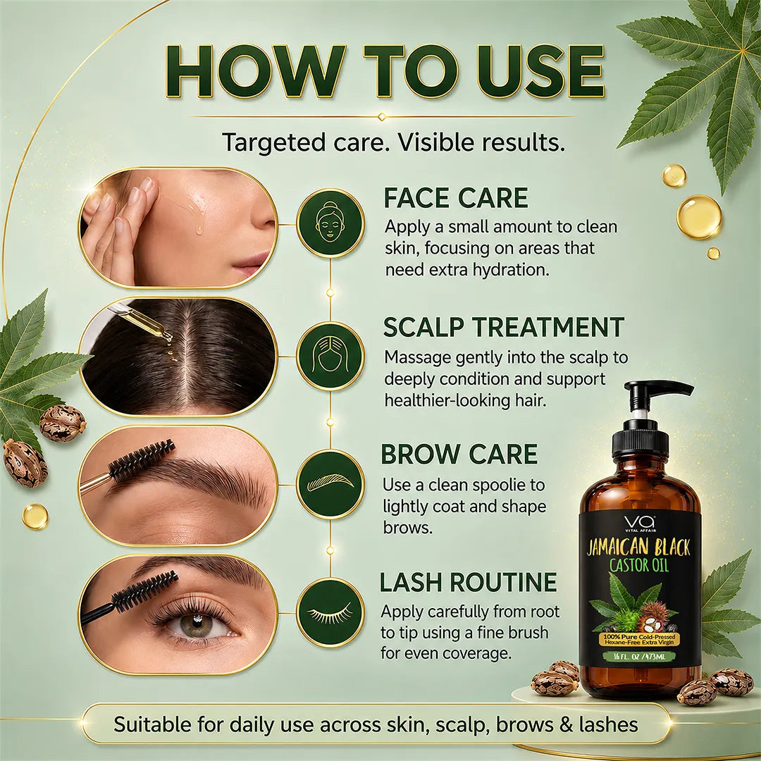 An instructional graphic titled 'HOW TO USE' for Vital Affair Jamaican Black Castor oil . It shows five illustrated steps with photos: face care, scalp treatment, brow care, and lash routine, plus a bottle labeled 'JOJOA Jamaican Black Castor Oil' on the right.