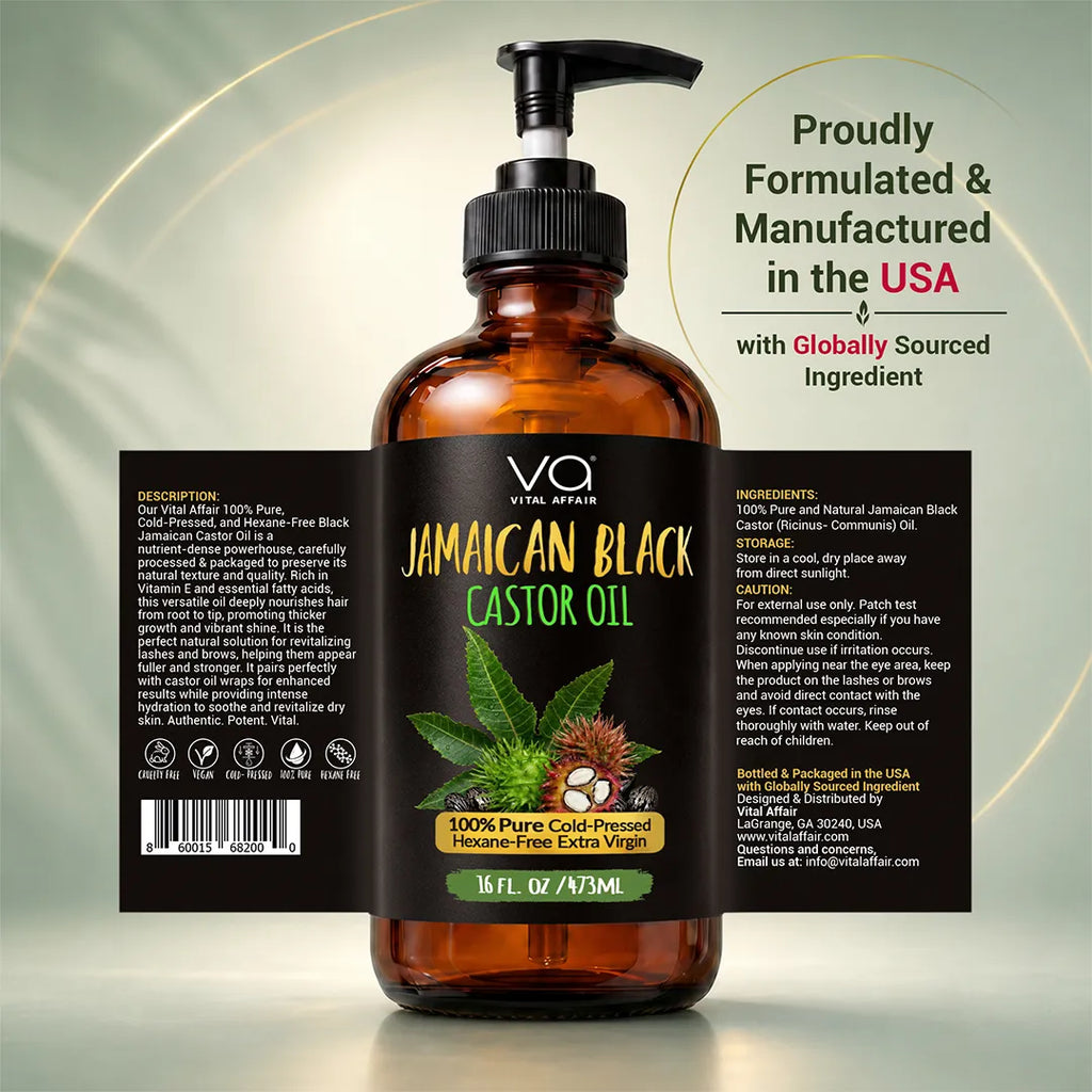 A bottle of Vital Affair Natural Jamaican Black Castor Oil centered on a soft green gradient background, with two black product information panels behind it and a circular USA-formulation callout. The main product is an amber glass pump bottle with a black pump and black label featuring green and gold text plus a castor plant illustration.