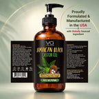 A bottle of Vital Affair Natural Jamaican Black Castor Oil centered on a soft green gradient background, with two black product information panels behind it and a circular USA-formulation callout. The main product is an amber glass pump bottle with a black pump and black label featuring green and gold text plus a castor plant illustration.