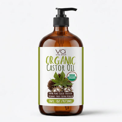 Vital Affair organic castor oil with a label on a white background