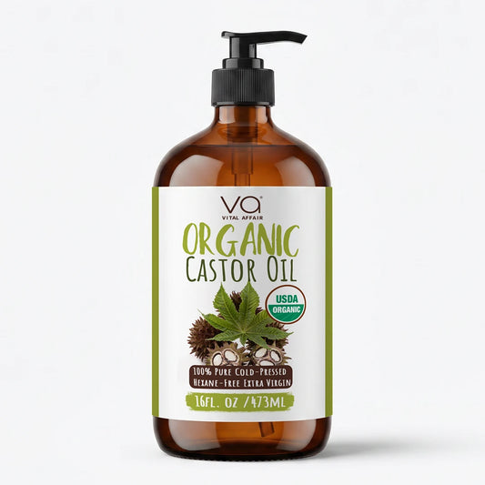 Vital Affair organic castor oil with a label on a white background