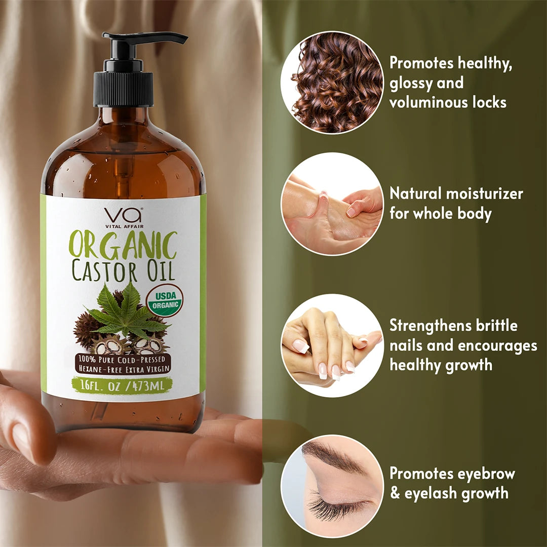 Bottle of Vital Affair Organic Castor Oil with benefits listed on a green background