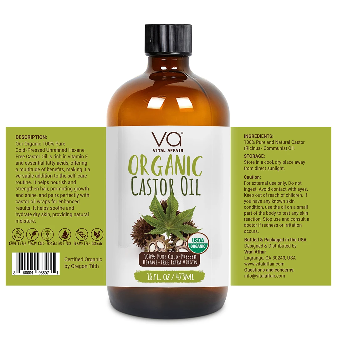 Bottle of Organic Castor Oil with label on a white background
