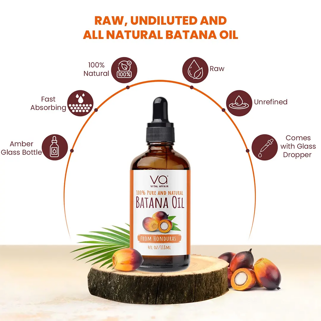 Bottle of VO Batana Oil with product features on a wooden block and white background