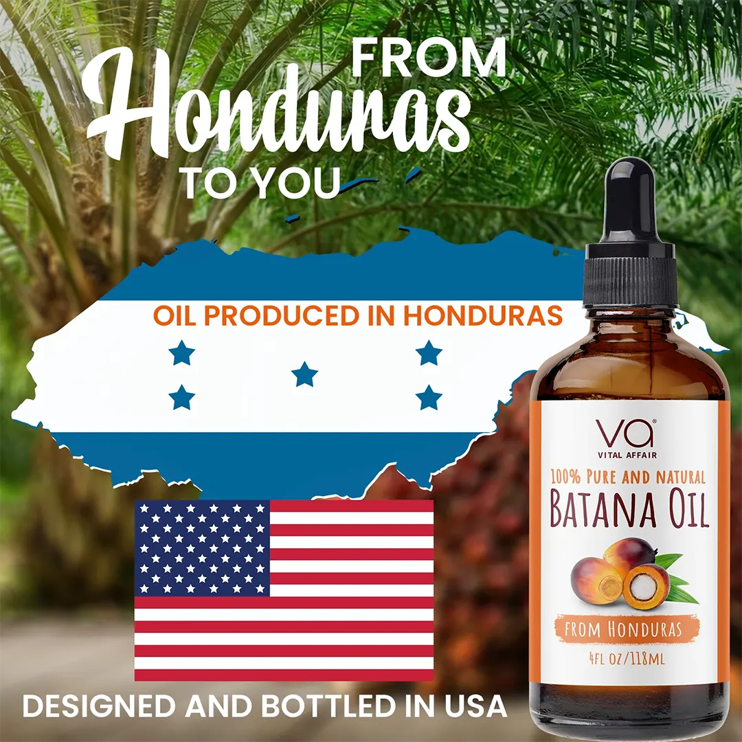 Bottle of banana oil with a label indicating it's produced in Honduras and designed in the USA, set against a map of the USA and Honduras.