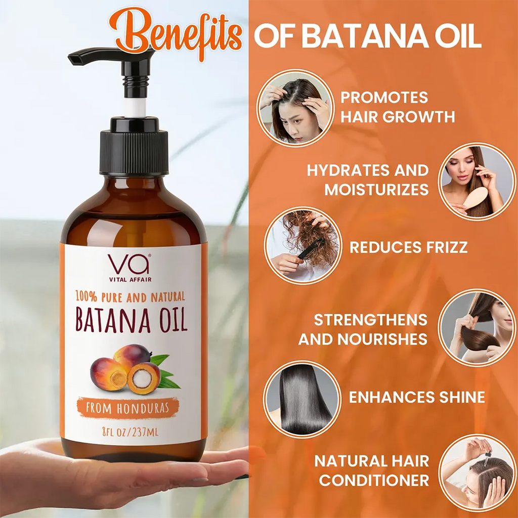 A bottle of Vital Naturals Batana Oil held in a hand against a split background with text listing benefits such as promoting hair growth, hydrating, reducing frizz, and enhancing shine.