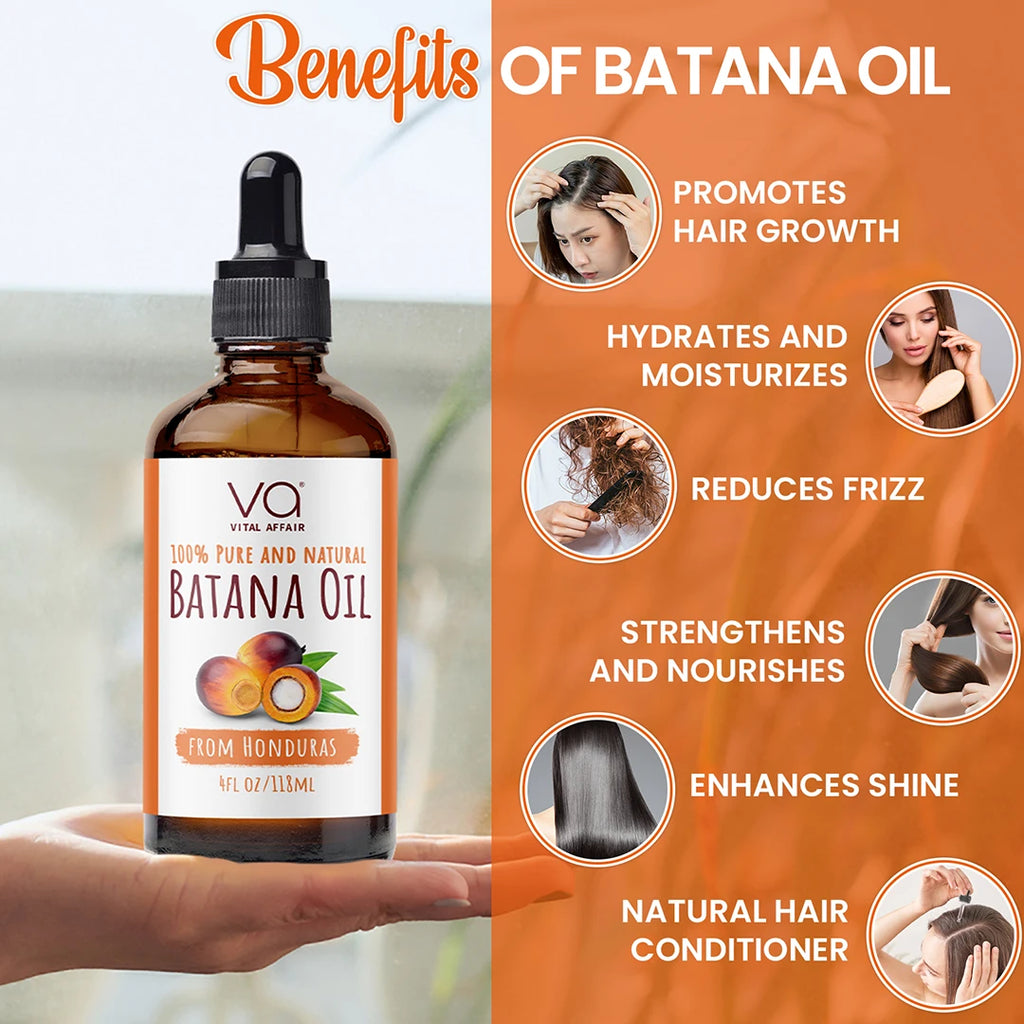 A bottle of V.A Vital Market Batana Oil held in a hand against a split background.