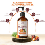 Amber glass pump bottle of VOA Vital Health Raw Undiluted and All Natural Batana Oil, displayed on a wooden slice with fresh plantain slices. The image includes marketing text and icons highlighting product features like being raw, unrefined, fast absorbing, and coming with an amber glass bottle.